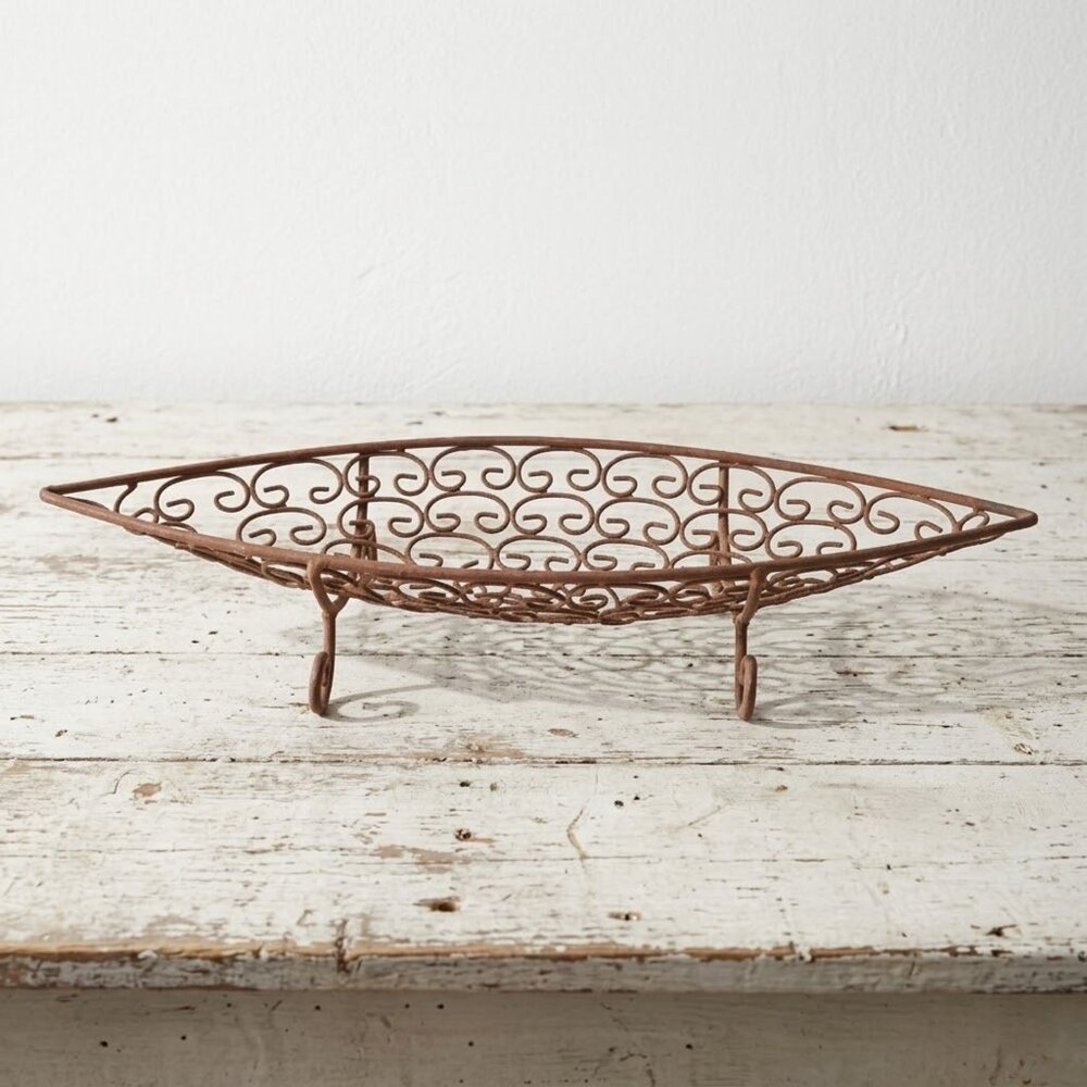 Vintage Mid Century Metal Scroll Canoe Centerpiece Bowl Distressed Finish 22"
